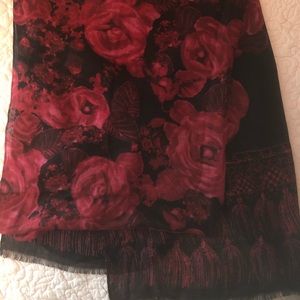 Talbots Rose Print Black Wrap Scarf